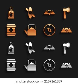 Set Kettle With Handle, Wooden Axe, Mountains, Compass, First Aid Kit, Location Mountains, Camping Lantern And Kayak Or Canoe Icon. Vector