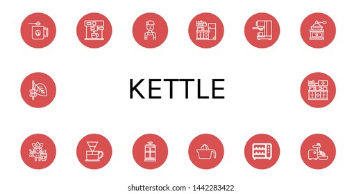 Set of kettle icons such as Coffee mug, Coffee maker, Barista, Kitchen, Coffee grinder, Dripper, French press, Juicer, Toaster, Mincer , kettle