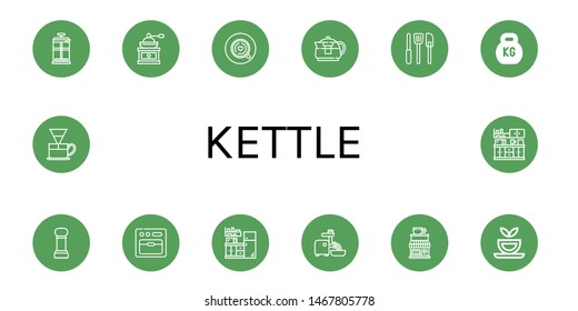 Set of kettle icons such as French press, Coffee grinder, Coffee, Teapot, Kitchen tools, Kettlebell, Grinder, Oven, Kitchen, Mincer, Coffee shop, Herbal tea, Dripper , kettle