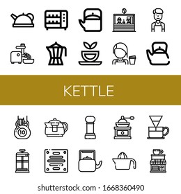 Set of kettle icons. Such as Teapot, Mincer, Toaster, Coffee maker, Herbal tea, Coffee shop, Barista, Kettlebell, French press, Extractor, Grinder, Kettle, Coffee grinder , kettle icons