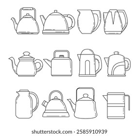 Set of kettle isolated doodle outline icon, cartoon set icon electric teapot isolated on white background with various shapes, Tea and coffee making, kitchen tableware collection, vector illustration,