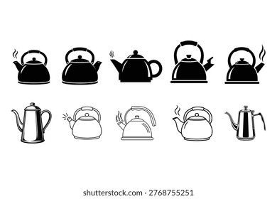 Set of Kettle and Teapot Icons Boiling Water Kitchen Appliances Isolated on White Background