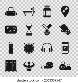 Set Kettlebell, Anabolic drugs, Smart watch on hand, Sports nutrition, Old hourglass, Fitness club, gym card, bag and Medal icon. Vector