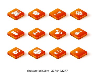 Set Kettlebell, Baseball ball, Sport bag, Dumbbell, Boxing training paws, Groin guard, Fencing and Punching icon. Vector