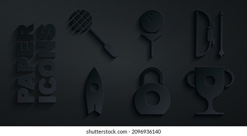 Set Kettlebell, Bow and arrow in quiver, Surfboard, Award cup, Golf ball on tee and Tennis racket icon. Vector