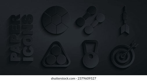 Establece Kettlebell, flecha Dart, Balas Billiard en triángulo cremallera, Target with, Dumbbell e icono de Fútbol. Vector