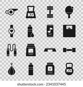 Set Kettlebell, Dumbbell, Bathroom scales, Fitness shaker, Smartwatch, Whistle and Music player icon. Vector