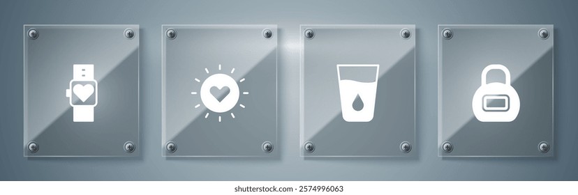 Set Kettlebell, Glass with water, Sun and Smart watch. Square glass panels. Vector