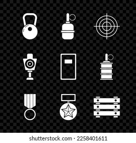 Set Kettlebell, Hand grenade, Target sport for shooting competition, Military reward medal, ammunition box, Human target and Police assault shield icon. Vector
