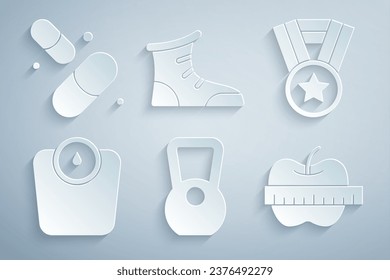 Set Kettlebell, Medal, Bathroom scales, Apple and measuring tape, Sport boxing shoes and Vitamin pill icon. Vector