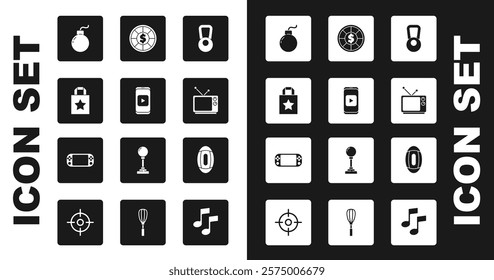 Set Kettlebell, Online play video, Paper shopping bag, Bomb ready to explode, Retro tv, Casino chips, American Football ball and Portable game console icon. Vector