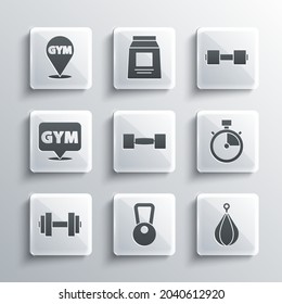 Set Kettlebell, Punching bag, Stopwatch, Dumbbell, Location gym,  and  icon. Vector