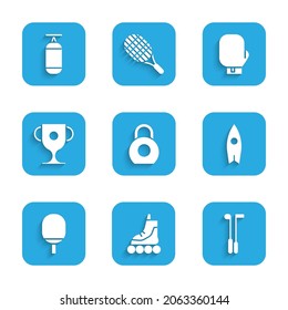 Set Kettlebell, Roller skate, Golf club, Surfboard, Racket for playing table tennis, Award cup, Boxing glove and Punching bag icon. Vector