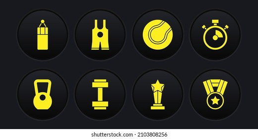 Set Kettlebell, Stopwatch, Dumbbell, Award cup, Tennis ball, Wrestling singlet, Medal and Punching bag icon. Vector