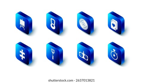 Set Kettlebell, Vinyl disk, Playing cards, Stopwatch, Gamepad, Spatula, Piece of puzzle and Easel or painting art boards icon. Vector