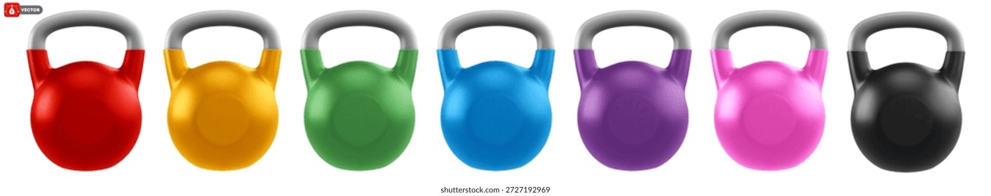 Conjunto de kettlebells de cores diferentes. Pesos pesados de ginástica realista 3d, isolados em fundo transparente. Equipamento desportivo. Ilustração vetorial