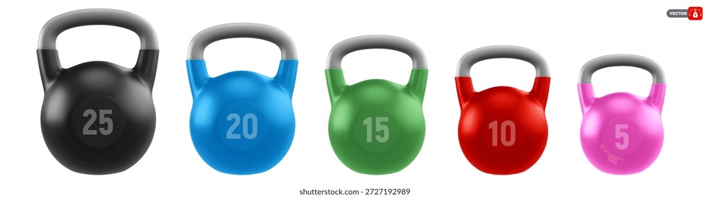 Set von Kettlebells in verschiedenen Farben und Gewichten. 3D realistischer Fitnessraum mit hohen Gewichten, einzeln auf transparentem Hintergrund. Sportausrüstung. Vektorgrafik