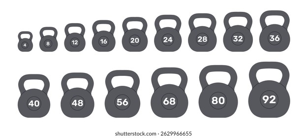 Conjunto de kettlebells de diferentes tamanhos e pesos. Peso para fitness e esporte. Equipamento atlético para exercícios de força, treinamento muscular. Ilustração plana vetorial isolada sobre fundo branco