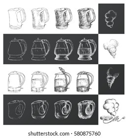 Set of kettles drawings, hand-drawn step by step. Vector eps 8.