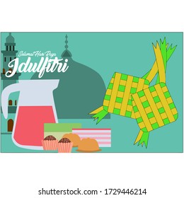 a set of ketupat and ied food. Selamat hari raya idul fitri means Happy Eid, Islamic celebration after fully fasting at ramadan month.