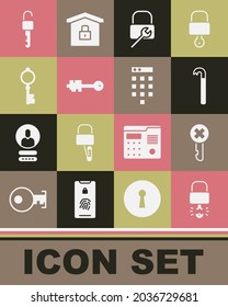 Set Key broke inside of padlock, Wrong key, Crowbar, Lock repair, Old, Unlocked and Password protection icon. Vector