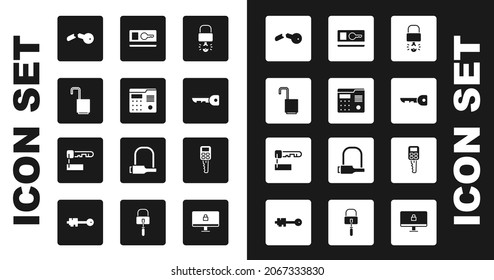 Set Key broke inside of padlock, House intercom system, Open, Broken key, card, Car with remote and Marked icon. Vector