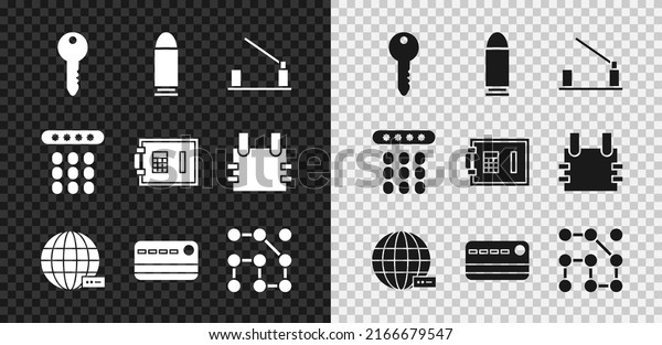 Set Key, Bullet, Parking car barrier, Social
network, Credit card, Graphic password protection, Password and
Safe icon. Vector