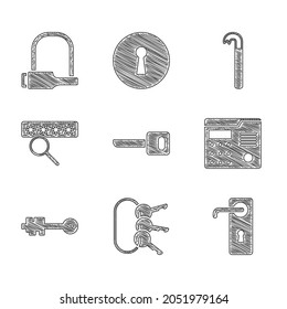Set Key, Bunch of keys, Door handle, House intercom system, Old, Password protection, Crowbar and Bicycle lock icon. Vector