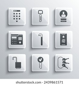 Set Key, Bunch of keys, Mobile with fingerprint scan, Crowbar, Open padlock, House intercom system, Password protection and Create account screen icon. Vector
