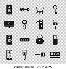 Set Key card, Lock, picks for lock picking, Bunch of keys, Wrong, computer monitor, Mobile with fingerprint scan and Door handle icon. Vector