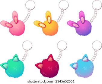 Conjunto de cadenas de claves en forma de bola esponjosa con orejas. Cadena de llaves de conejo, cadena de llaves de gatos para niñas y muñecas. Ilustración vectorial en estilo de dibujos animados, vector chillón