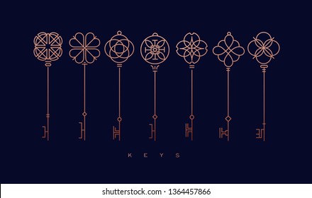 Set of key collection in modern line style drawing on blue background.