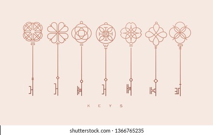 Set of key collection in modern line style drawing on beige background.