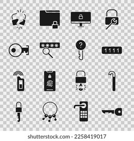 Establecer clave, barra de trabajo, protección de contraseña, monitor de sistema de bloqueo, bloqueo roto e icono de clave indefinido. Vector