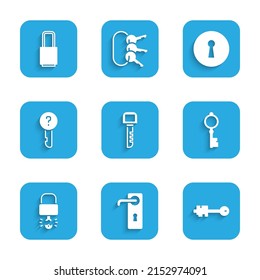 Set Key, Door handle, Old key, broke inside of padlock, Undefined, Keyhole and Lock icon. Vector