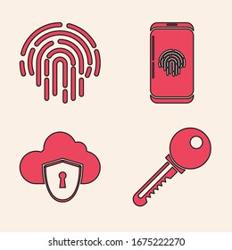 Set Key , Huella digital , Smartphone con escáner de huellas digitales e icono de nube y escudo. Vector