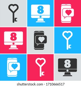 Set Key in heart shape, 8 March on monitore and Online dating app and chat icon. Vector