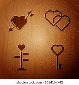 Set Key in heart shape, Amour symbol with heart and arrow, Signpost with heart and Two Linked Hearts on wooden background. Vector