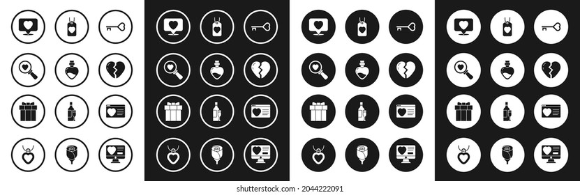 Set Key in heart shape, Bottle with love potion, Search and, Like, Broken, Heart tag, Dating app online and Gift box icon. Vector