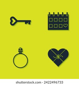 Set Key in heart shape, Candy shaped box, Diamond engagement ring and Calendar with icon. Vector