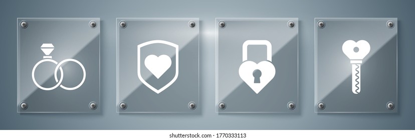 Set Key in heart shape, Castle in the shape of a heart, Heart with shield and Wedding rings. Square glass panels. Vector