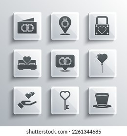 Set Key in heart shape, Cylinder hat, Balloons form of, Wedding rings, Heart hand, Bedroom, Greeting card and Lock icon. Vector