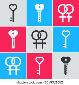 Set Key in heart shape, Key in heart shape and Female gender symbol icon. Vector
