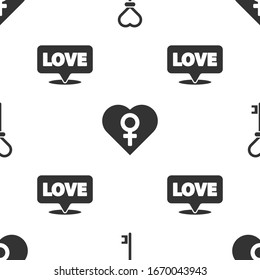 Establecer clave en forma cardíaca, corazón con género femenino y burbuja de voz con amor por texto en un patrón sin fisuras. Vector