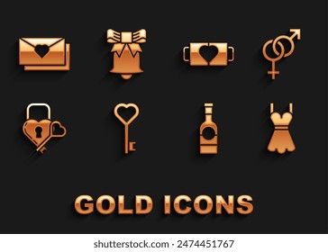 Set Key in heart shape, Gender, Woman dress, Champagne bottle, Castle the of and key, Two coffee cup, Envelope with Valentine and Ringing bell icon. Vector