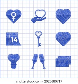 Set Key in heart shape, Glass of champagne, Envelope with Valentine, Candy shaped box, Heart light bulb, Calendar February 14,  and female gender icon. Vector