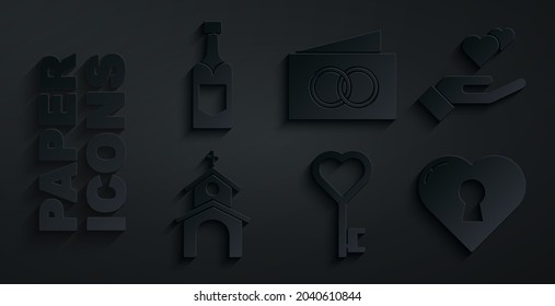Set Key in heart shape, Heart hand, Church building, with keyhole, Greeting card and Champagne bottle icon. Vector