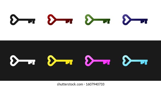 Set Key in heart shape icon isolated on black and white background. Valentines day symbol.  Vector Illustration