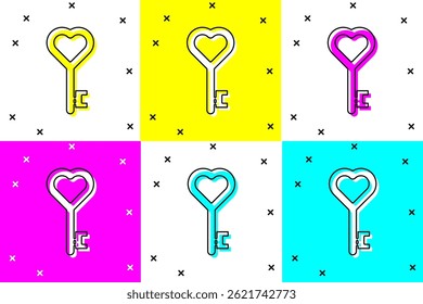 Set Key in heart shape icon isolated on color background. 8 March. International Happy Women Day.  Vector Illustration