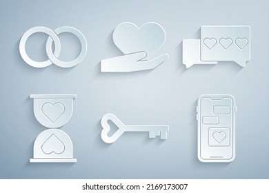 Set Key in heart shape, Like and, Heart the center hourglass, Mobile with, hand and Wedding rings icon. Vector